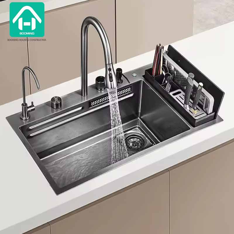 Big Kitchen Sink with l with One-Touch Automatic Height-Adjustable Storage Platform
