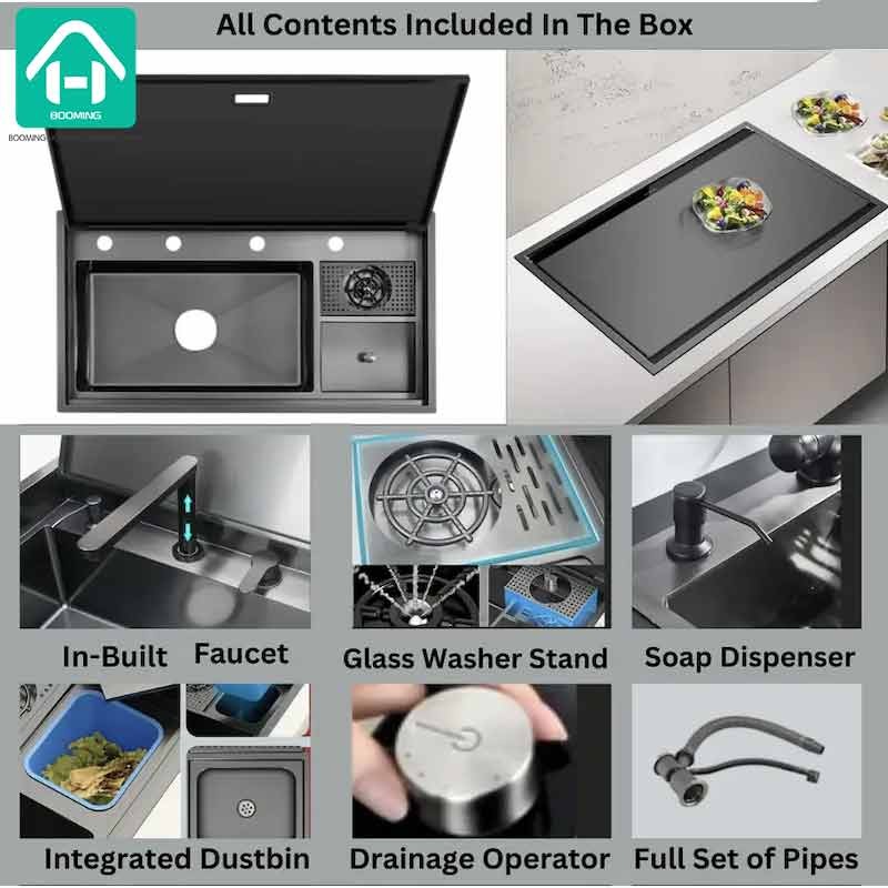 Hidden Kitchen Sink with Cover Plate Cup Washer 