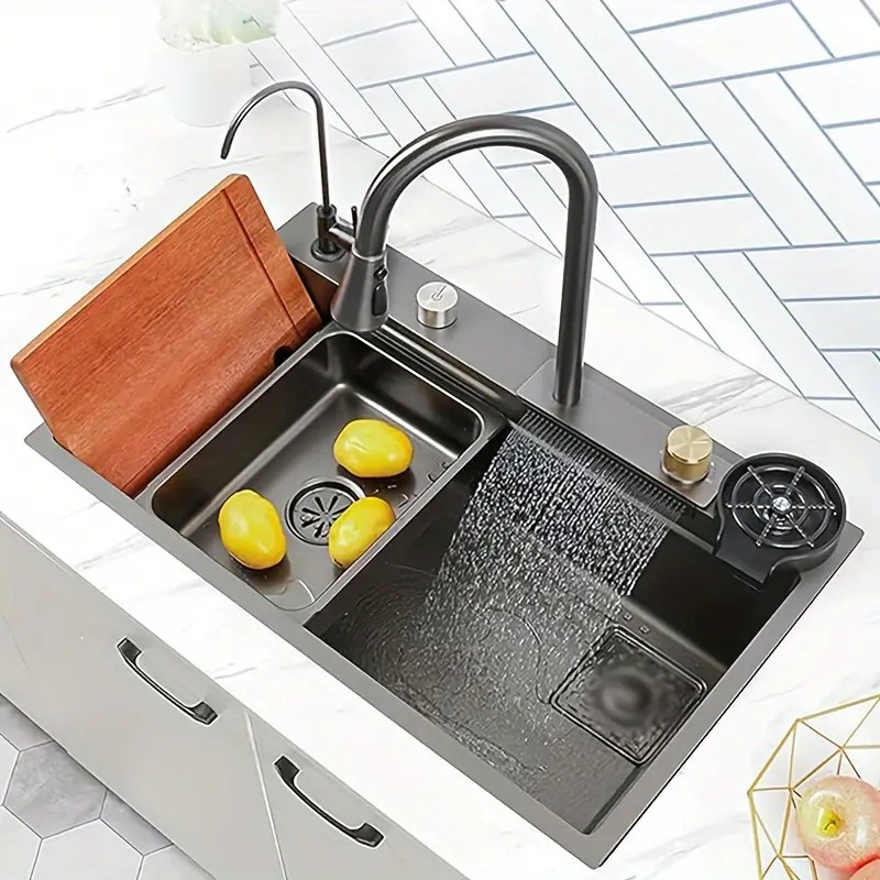 Kitchen Sink Set​ with Waterfall Pull-out Faucet Utility Sink 304 Single Bowl Black Stainless Steel Sink