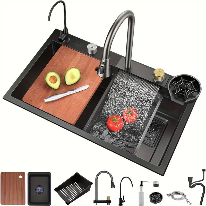 Kitchen Sink Set​ with Waterfall Pull-out Faucet Utility Sink 304 Single Bowl Black Stainless Steel Sink