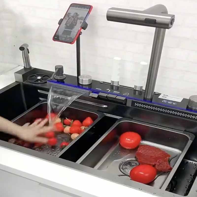 Digital Kitchen Sink with With Cellphone Holder Pressurized Cup Washer And  Waterfalls Faucet