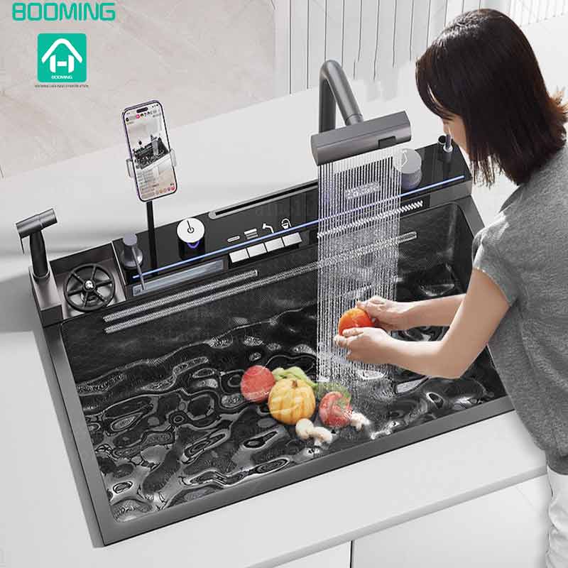 Digital Kitchen Sink with With Cellphone Holder Pressurized Cup Washer And  Waterfalls Faucet